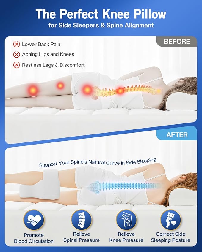 Knee Pillow for Side Sleepers, Leg Pillow for Hip Pain Relief & Spine Alignment, Memory Foam Pillow Between Knees with Adjustable Strap, Relief for Back, Sciatica, Joints
