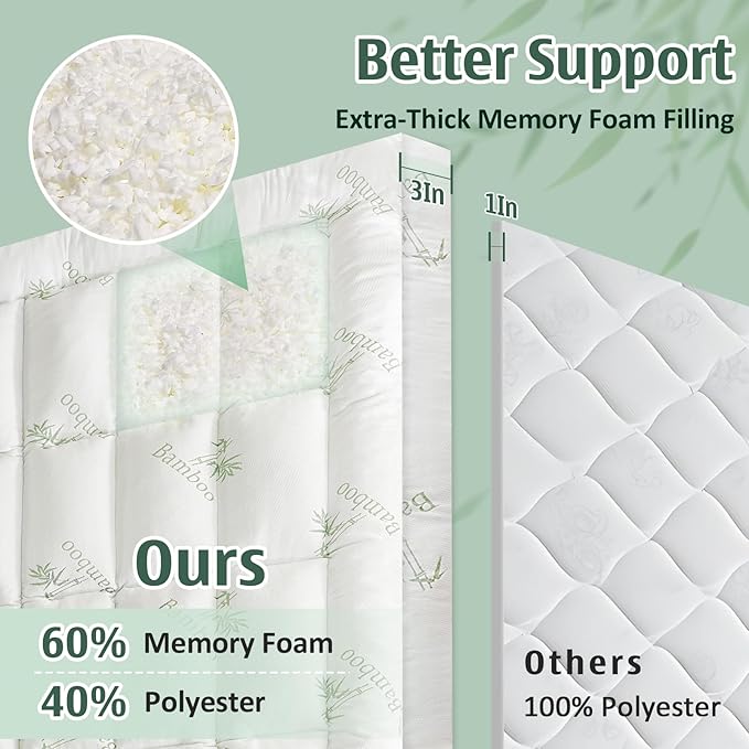 DOWNCOOL 3 Inch King Mattress Topper – Cooling Memory Foam Mattress Topper for Back Pain Relief, Breathable Bamboo Viscose Air Layer, 1600 GSM Fill, Deep Pocket Fits 8–21 Inch