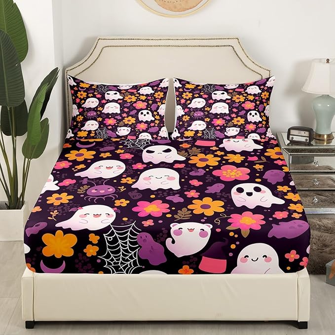 Cute Ghost Fitted Sheet Twin Size,Cartoon Groovy Daisy Flowers Graffiti Bed Sheet with 1 Pillowcase,Halloween Ghosts Spider Web Lovely Soft Decorative Fabric Bedding,Room Gift