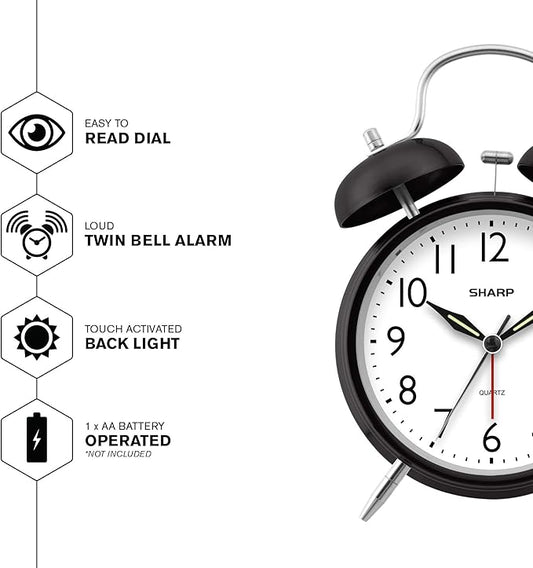 Sharp Twin Bell Alarm Clock - Loud Alarm - Great for Heavy Sleepers - Battery Operated Quartz Analog Clock (Midnight Black)