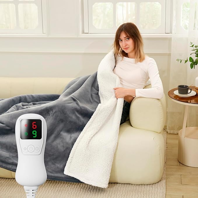 Electric Heated Blanket Throw Size, Faux Fur Throw Blanket, Super Soft Cozy Heating Blanket with 9 Heating Levels & 1-9 Hours Auto Off, Fast Heat & Overheat Protection, 50" x 60", Iron Gray