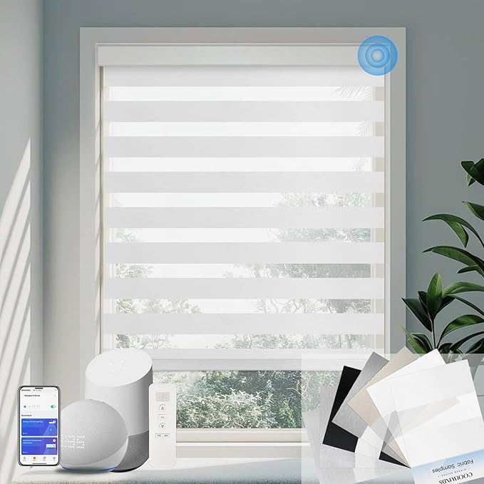 Motorized Zebra Blinds for Windows Cordless Electric Curtains with Remote Control Blackout Shades Custom Smart Blinds Compatible with Alexa Google Home?Febric Color Swatches?