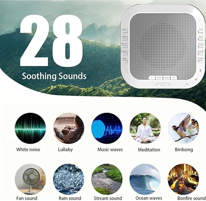 Ora Sound Machine Solfeggio Frequencies,10 Soothing Sounds,Three Timing Modes, Ultra Long Battery Life,3 Color Soft Night Light,for Yoga, Rest,Thinking,Writing