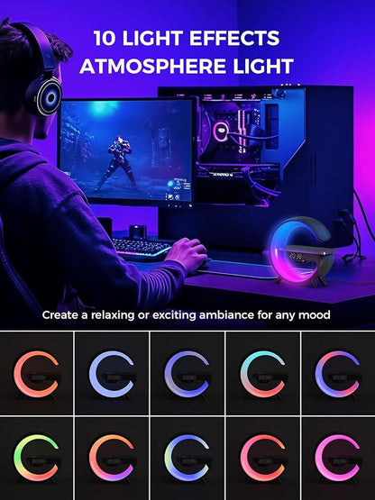 Smiling Shark Wake Up Light, Atmosphere Desk Light with 15W Wireless Charger & Bluetooth Speaker Button Control 10 Lights Mode Sunrise Simulation Alarm Clock Smart Light for Home Decor Bedroom