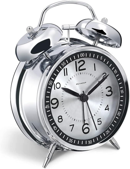 Peakeep Loud Alarm Clock for Heavy Sleepers Adults, Metal 4.5" Twin Bell Battery Operated Alarm Clocks for Bedrooms Decoration (Metal Silver)