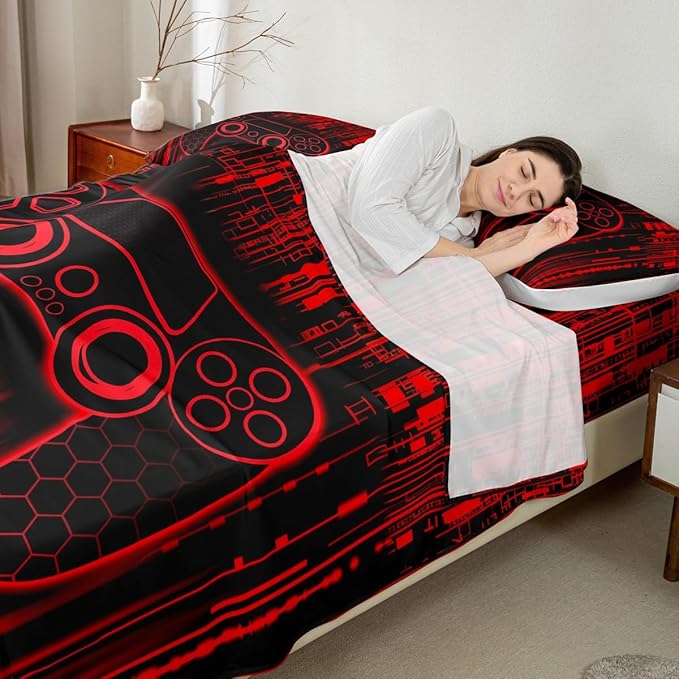 Neon Gamepad Kids Sheet King Size,Modern Geomcetric Honeycomb Hexagon Fashion Bedding Set,Boys Girls Room Decor,Videogaming Games Controller Red Bed Sheet Set 4pcs(Fitted + Flat + 2 Pillowcases)