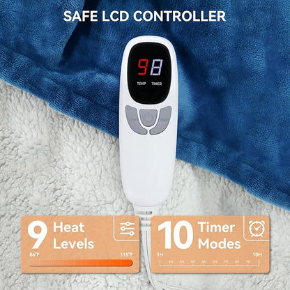 Heated Throw Blanket Electric Blanket 50''x60'' Heating Blanket with 9 Heating Levels 10 Timer Modes Auto-Off Fast Heating Overheat Protection ETL Certified Machine Washable Gift