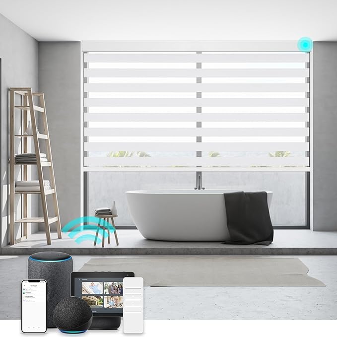 Changshade Custom Motorized Smart Zebra Blinds Remote Control, Cordless Blackout Electric Automatic Shades for Indoor Windows Doors Work with Alexa, Google Home, Apple Homekit, SmartThings, White