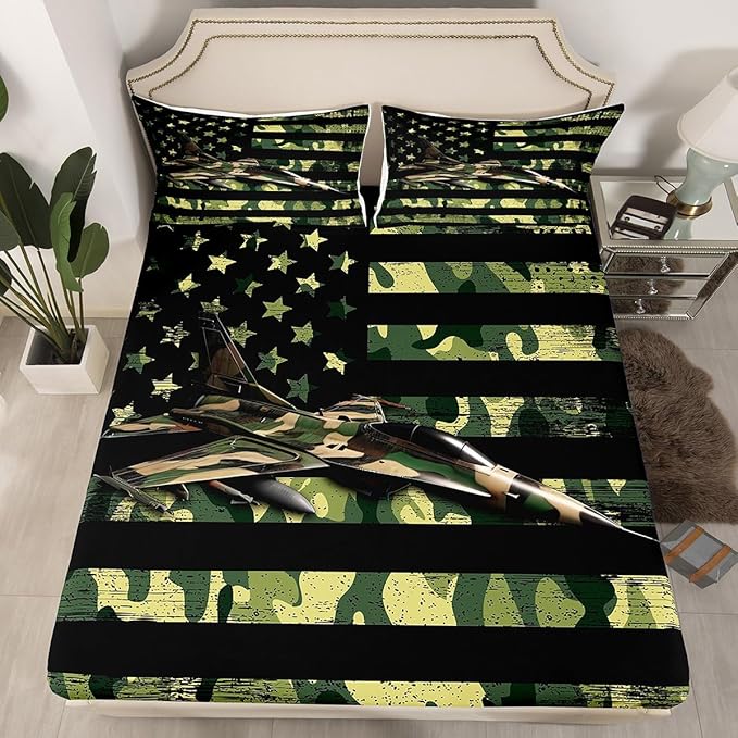 Manfei Aircraft Sheet Set King Size, Army Camouflage Airplane Bed Sheet Set 4pcs with Deep Pocket Fitted Sheet + Flat Sheet + 2 Pillowcases, Green Camo American Flag Bedding Set for Kids Boys Adults