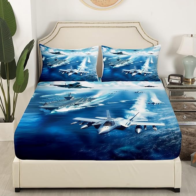 Warplane Kids Fitted Sheet Queen Size,Aviation Aircraft Warship Bedding Set,Boys Men Room Decor,Modern Fighter Airplane Fashion Bed Cover,Ocean Blue Bed Sheet,2 Pillowcases