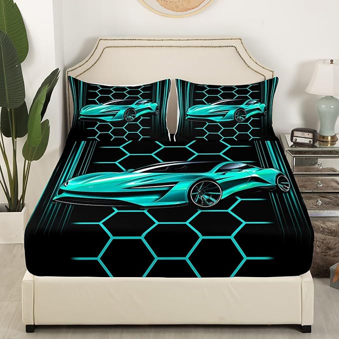 Sports Car Fitted Sheet Twin Size,Neon Lines Honeycomb Bed Sheet with 1 Pillowcase,Cool Speed Soft Decorative Fabric Bedding,Room Gift