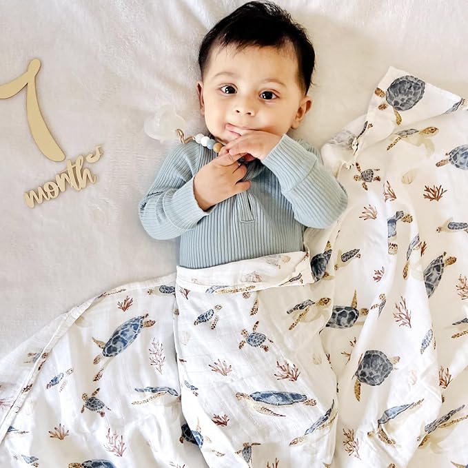 LifeTree Baby Swaddle Blanket, 70% Viscose from Bamboo and 30% Cotton Muslin Swaddles Blankets Boys Girls, Sea Turtle Swaddling Blanket for Newborn, Super Soft Large 47" x 47"