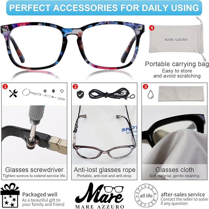 MARE AZZURO Blue Light Blocking Reading Glasses Women Computer Readers 100 125 150 175 200 225 250 275 300 350 400 500 600 (Black-floral, 3.0)