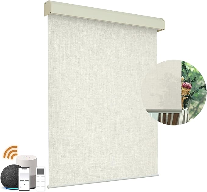 Motorized Light Filtering Roller Shades with Remote Control, Electric Smart Shades Compatible with Alexa and Google, Rechargeable, Customizable Size (Textured Beige)