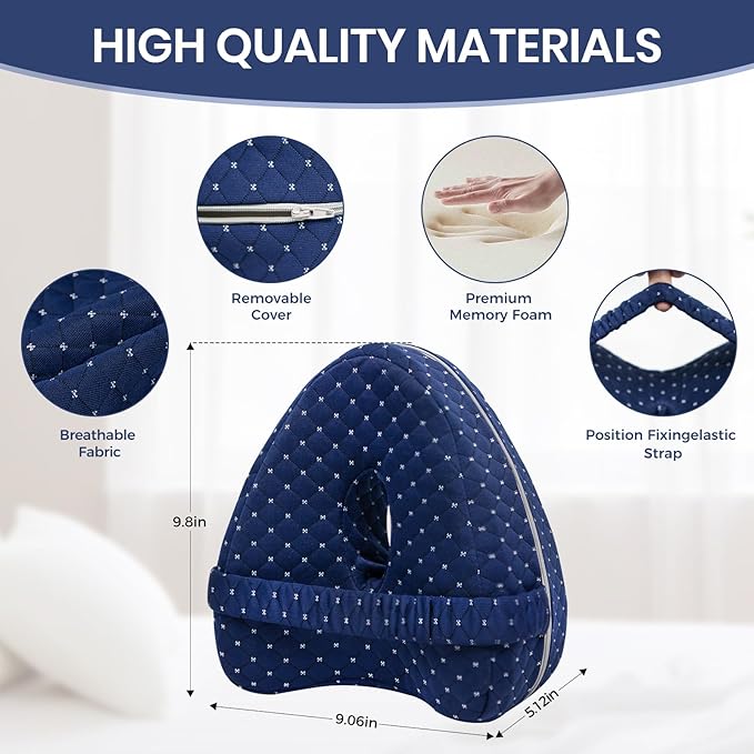 Knee Pillow for Side Sleepers, Alignment Pillows for Side Sleepers, Memory Foam Leg Pillow with Sleeping. Foam Support Pillow for Soothing Pain Relief for Sciatica - Adjustable Strap（Navy）