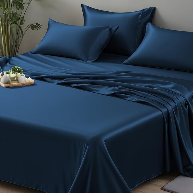 LINENWALAS Queen Size Flat Sheet Only - Rayon Derived from Bamboo Silk Bed Sheet, Premium Breathable Cooling Sheet, Soft Organic Top Bed Sheet (Queen, Navy Blue)