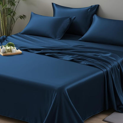 LINENWALAS Queen Size Flat Sheet Only - Rayon Derived from Bamboo Silk Bed Sheet, Premium Breathable Cooling Sheet, Soft Organic Top Bed Sheet (Queen, Navy Blue)