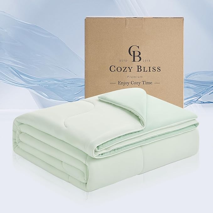 Cozy Bliss x Sorona® Viscose Natural Fiber Cooling Comforter Queen Size, Reversible Silky Smooth Cooling Blanket with Q-Max＞0.45 for Hot Sleepers & Night Sweats, Mint Green, 90"x90"