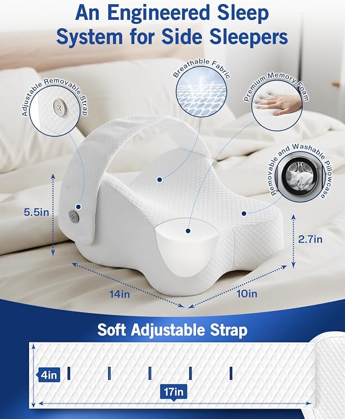 Knee Pillow for Side Sleepers, Leg Pillow for Hip Pain Relief & Spine Alignment, Memory Foam Pillow Between Knees with Adjustable Strap, Relief for Back, Sciatica, Joints