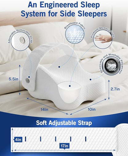 Knee Pillow for Side Sleepers, Leg Pillow for Hip Pain Relief & Spine Alignment, Memory Foam Pillow Between Knees with Adjustable Strap, Relief for Back, Sciatica, Joints