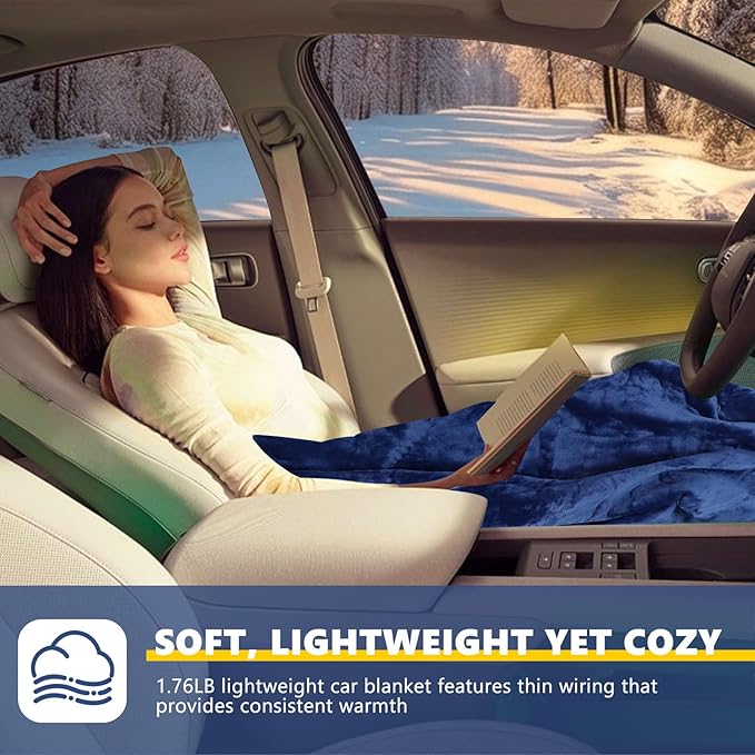Heated Car Blanket DC12V-24V Electric Blanket for Car Camping, Portable Washable Heated Blanket with Timer, 3 Heat Settings, Heated Throw Blanket for Road Trip (Navy Blue)