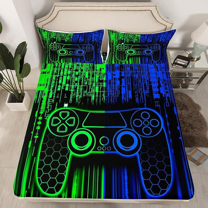 Video Gamepad Kids Sheet Full Size,Abstract Neon Lights Honeycomb Hexagon Geometric Bedding Set,Boys Girls Room Decor,Gaming Controller Green Blue Bed Sheet Set 4pcs(Fitted + Flat + 2 Pillowcases)