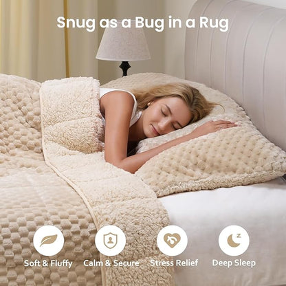 Drewin Weighted Blanket Twin Size, Adult Weighted Blankets 12lbs with Double-Sided Shaggy Sherpa, Ultra-Cozy Warm Jacquard Bed Blanket for Sleeping and Relaxing, Ceramic Beads, Beige, 48 x 72 inches
