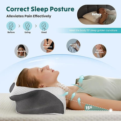 DUMOS Cervical Neck Pillow for Sleeping, Cooling Ergonomic Memory Foam Pillow with Arm Rest Slot and Ice Silk Pillowcase, Dual Height Orthopedic Support Contour for Side, Back, Stomach Sleepers