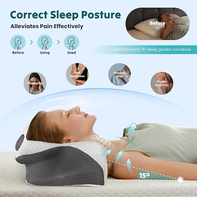 Sweetcrispy Memory Foam Cervical Pillow, 2 in 1 Ergonomic Contour Orthopedic Pillow for Neck Pain, Contour Side Sleeper for Adults, Orthopedic Neck Support for Back Stomach Sleepers, Grey
