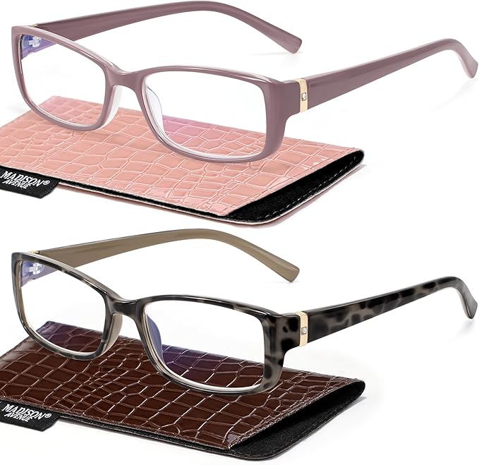 Madison Avenue 2 Pack Classic Blue Light Blocking Reading Glasses for Women, Vintage Anti Glare/Eyestrain Computer Readers Demi/Purple +1.75