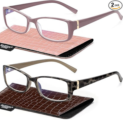 Madison Avenue 2 Pack Classic Blue Light Blocking Reading Glasses for Women, Vintage Anti Glare/Eyestrain Computer Readers Demi/Purple +2.0