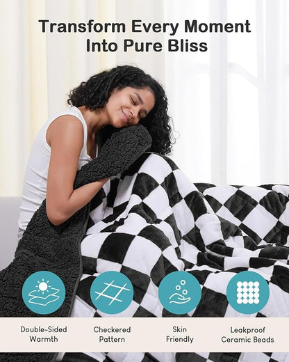 Weighted Blanket for Adults, 20lbs Sherpa Flannel Weighted Blanket Queen Size, Soft Fluffy Fleece Checkerboard Weighted Blankets for Calming and Relax, Plaid Black, 60" x 80"