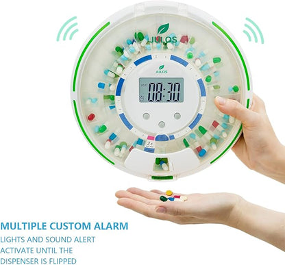JULOS Locked Automatic Pill Dispenser with Sound & Light Alerts for Elderly, 28-Day Electronic Medication Organizer, up to 6 Alarms/Day, 6 Dosage Rings, Pill Dispenser for Vitamins & More, Clear Lid