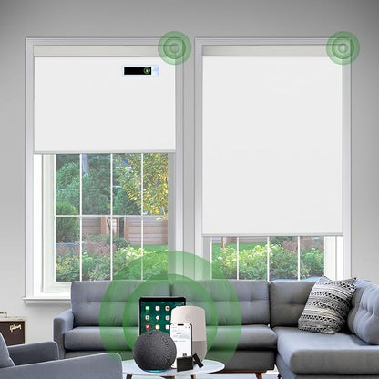 Motorized Blinds with Remote, Blackout Cooling Automatic Shades with Solar Panel Cordless Smart Blinds for Windows, Custom Electric Blinds Horizontal Roller Shades,White,52" W X 72" H