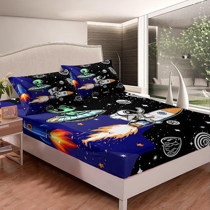 Galaxy Astronaut Bedding Set Twin Size Cartoon Alien Spaceship Rocket Outer Space Bed Set for Teens Kids Sheet Starry Universe Nebula Planets Glitter Bed Cover(1 Fitted Sheet+1 Pillow Case)
