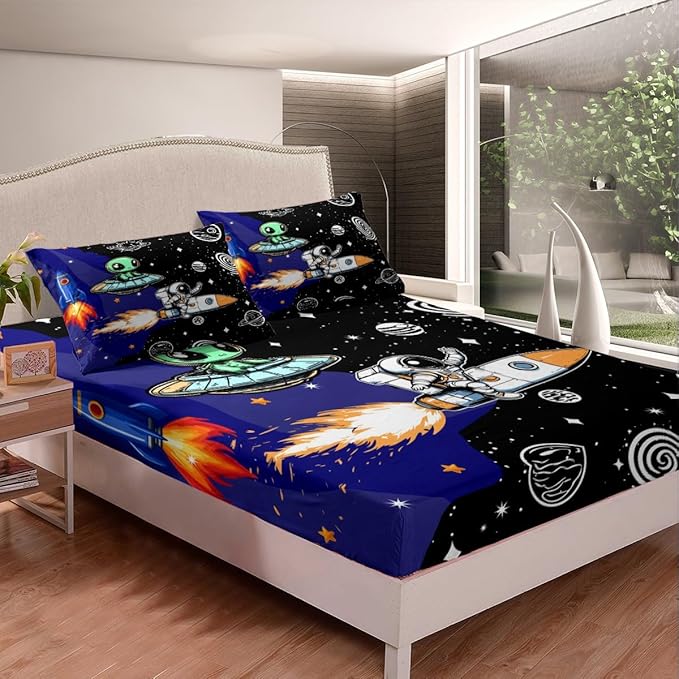 Galaxy Astronaut Fitted Sheet Full Size 3 Pcs,Cartoon Alien Spaceship Rocket Outer Space Collections(No Flat Sheet),Starry Universe Nebula Planets Glitter Bedding Deep Pocket for Kids