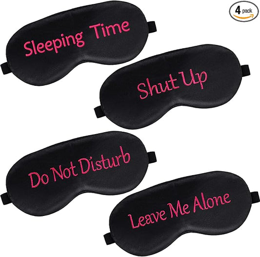 Geyoga 4 Pieces Funny Eye Mask for Sleep Soft Satin Blocking Blindfold with Adjustable Strap Silk Eye Cover Out Lights for Women Men Travel, Nap, Meditation (Black with Red Words,Classic Style)