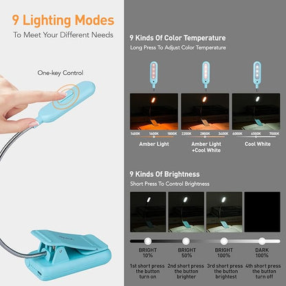 VAVOFO Rechargeable Book Light, Blue Light Blocking, Amber 1600K Clip On Reading Light, Eye Care 7 LEDs Kids Book Light for Reading in Bed with Power Indicator for Bookworms (Mint Blue)