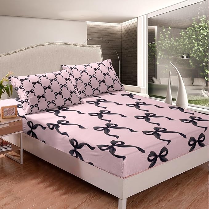Manfei Black Bowknot Bedding Set Twin Size Princess Style Bow-tie Pink Black Bed Set for Teens Kids Sheet Dreamy Fairy Tale Bow Crossed Patchwork Bed Cover(1 Fitted Sheet+1 Pillow Case)