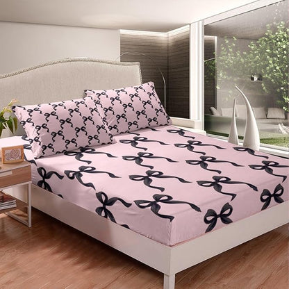 Manfei Black Bowknot Fitted Sheet Full Size 3 Pcs,Princess Style Bow-tie Pink Black Collections(No Flat Sheet),Dreamy Fairy Tale Bow Crossed Patchwork Bedding Deep Pocket for Kids