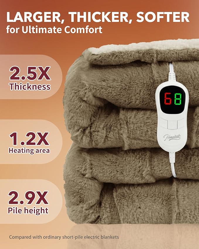 Homemate Electric Heated Throw Blanket - 50"x60" Luxury Faux Fur Heating Bed Blankets with 10 Heating Levels 8 Hours Auto Off Fast Heating Over-Heated Protection Ultra Soft Warm Flannel ETL Certified
