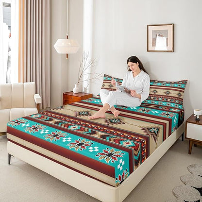 Manfei Aztec Geometric Kids Sheet Twin Size,Southwest Tribal Ethnic Boho Bedding Set, Rustic Farmhouse Bohemian Boys Girls Room Decor, Teal Red Brown Sheet(Fitted+Flat+1 Pillowcase)