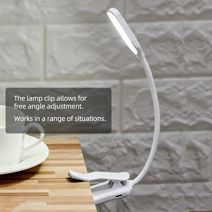 Rechargeable Reading Light, 10LED Beads with 3 Color Temperatures (3000K-6000K), Eye-Caring for Reading, Portable Book Clip Design + Non-Slip Base & 360° Flexible Gooseneck (White)