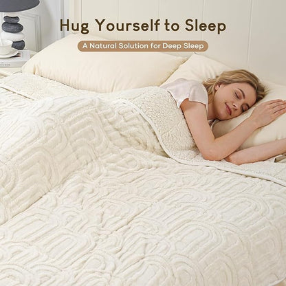 Cottonblue Weighted Blanket for Adults Queen Size 15 lbs, Soft Fluffy Sherpa Fleece Jacquard Weighted Blankets Throw 60" x 80" for Sleep Relax, Fuzzy Warm Arch Heavy Blanket for Bed Couch, Cream White