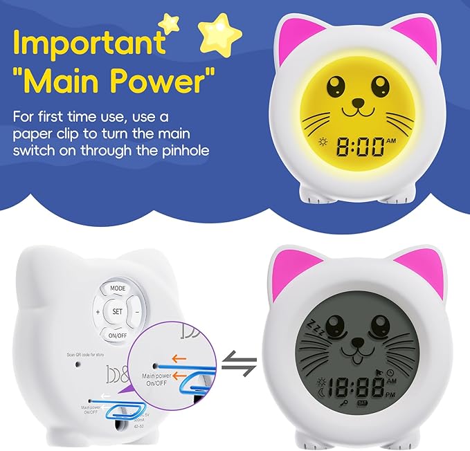 B&H Sleep Trainer Clock for Toddler - Rechargeable Kid Ok to Wake Clock, Cute Cat Girls Alarm Clock, Drop Proof, Night Light, Science-Backed Lighting for Peaceful Sleep and Ready to Rise Mornings