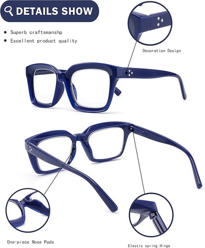 3 Pack Oversize Square Design Reading Glasses for Women, Blue Light Blocking Reader (Black&Blue&Coffee, 1)