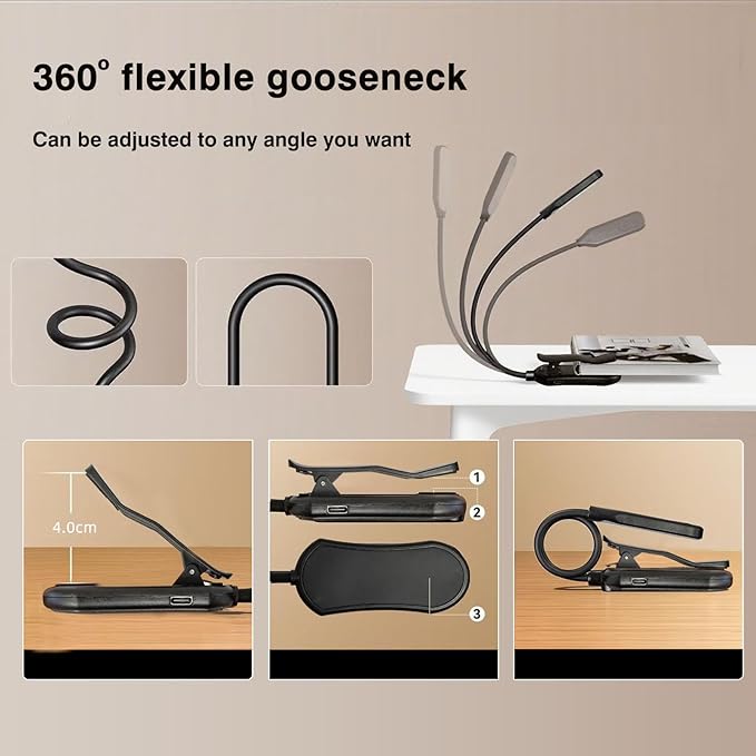 Rechargeable Reading Light, 10LED Beads with 3 Color Temperatures (3000K-6000K), Eye-Caring for Reading, Portable Book Clip Design + Non-Slip Base & 360° Flexible Gooseneck