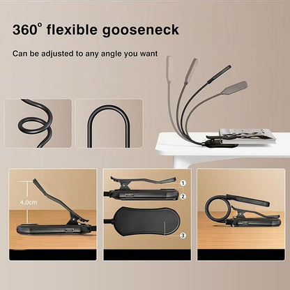 Rechargeable Reading Light, 10LED Beads with 3 Color Temperatures (3000K-6000K), Eye-Caring for Reading, Portable Book Clip Design + Non-Slip Base & 360° Flexible Gooseneck (White)