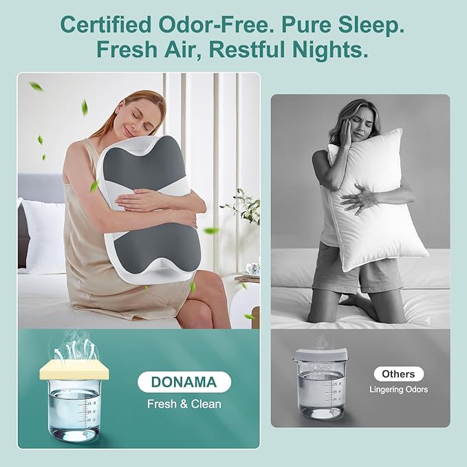 DONAMA Cervical Neck Pillow- Ergonomic Pillows for Pain Relief, Contour Memory Foam Pillow for Side/Back/Stomach Sleepers, CertiPUR-US Certified with Cooling Ice Silk Pillowcase
