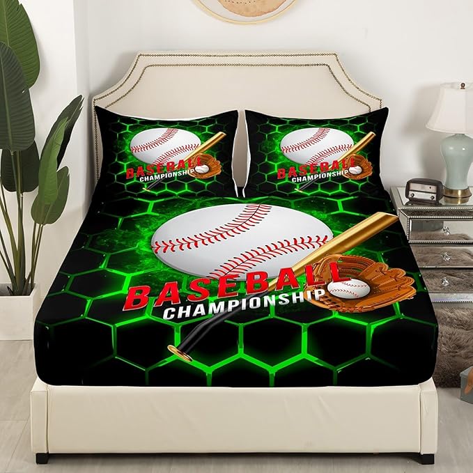 Manfei Baseball Sheet Set King Size, Sports Theme Bed Sheet Set 4pcs with Deep Pocket Fitted Sheet + Flat Sheet + 2 Pillowcases, Green Honeycomb Geometric Bedding Set for Kids Boys Adults Room Decor